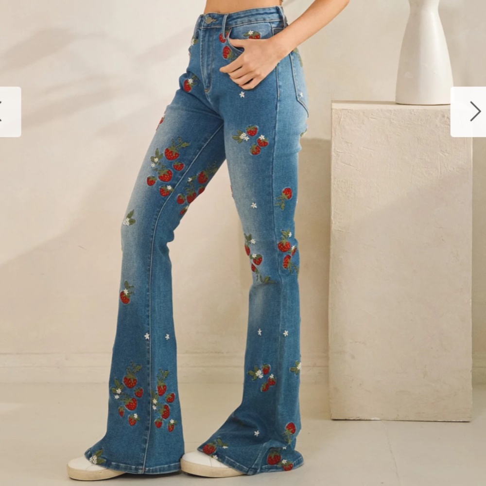 Blue Embroidered Strawberry Flare Jeans - Picture 4 of 9